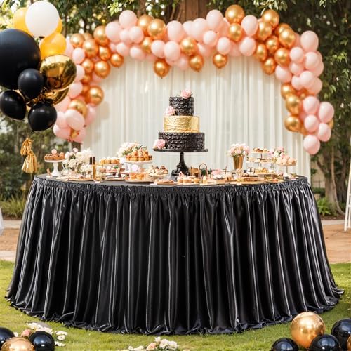 Wish Care 17ft Black Satin Long Table Skirt for Rectangle Tables Wrinkle Free Teacher Desk Skirt Glitter Ruffle Table Skirting Cloth for Back to School Classroom Office Dorm Birthday Party Table Decor