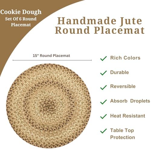 Homespice Cookie Dough Jute Braided Placemats, Round 15" Set of 6