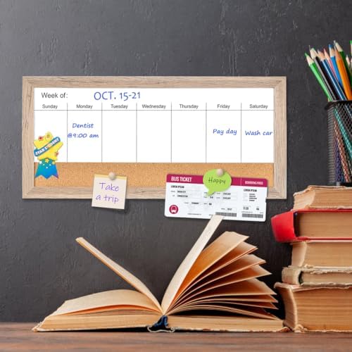 Magnetic Weekly Whiteboard and Cork Board, Brown Wood Frame, 16" x 8"