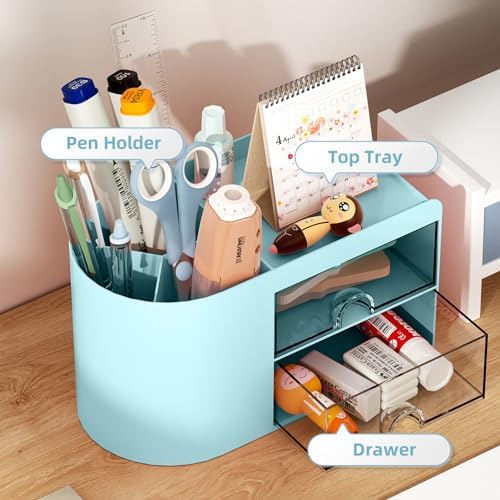 Marbrasse Small Desk Organizer with Drawer, Multi-Functional Pen Pencil Holder Storage Box for Desk, Desk Organizers and Accessories with 4 Compartments + 2 Drawer for Office Art Supplies(Blue)