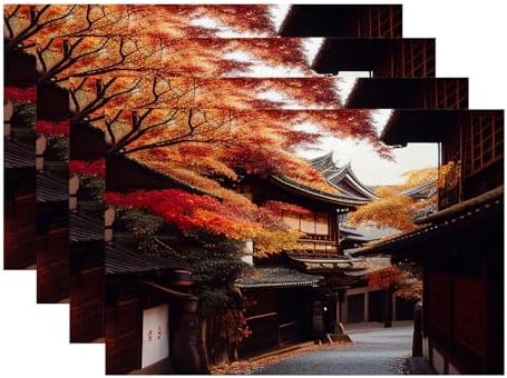Batmerry Autumn Oriental Maple Linen Placemats Set of 4, Classical Architecture Paths Fallen Leaves Washable Table Mats for Kitchen Table Thickened Heat Insulation Dining Set Indoor Outdoor 12X18 in