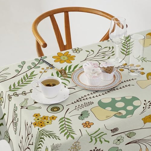 Wild Mushroom Tablecloth, Vintage Botanical Rustic Wildflower Herbs Plants Green Mushroom Table Cloth for Farmhouse Kitchen Dinning Room Picnic Parties Home Decor 55x55in