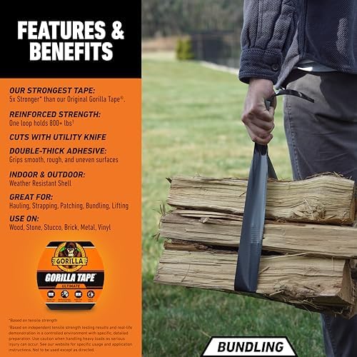 Gorilla Ultimate Tape, High Tensile Cloth with Double-Thick Adhesive for Hauling, Strapping, Patching, Bundling, Lifting, 1.88" x 20yd, Black (Pack of 5)