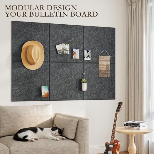 JBER Large Felt Bulletin Board 36" x 24", 6 Pack Felt Wall Tiles, Dark Gray