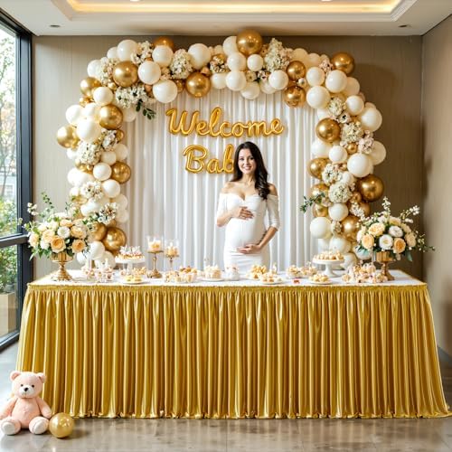 Wish Care 9ft Gold Satin Table Skirt for Rectangle Tables Wrinkle Free Teacher Desk Skirt Glitter Ruffle Table Skirting Cloth for Office Cocktail Birthday Graduation Party Buffet Table Decorations