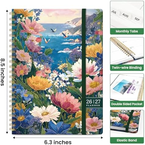 Planner 2026-2027, Jul 2026-Jun 2027 Academic Monthly & Weekly Planner | 6.3" x 8.5" Hardcover Calendar Planner for Women, Spiral Organizer with tabs, School Office Home Supplies, Seaside Petals