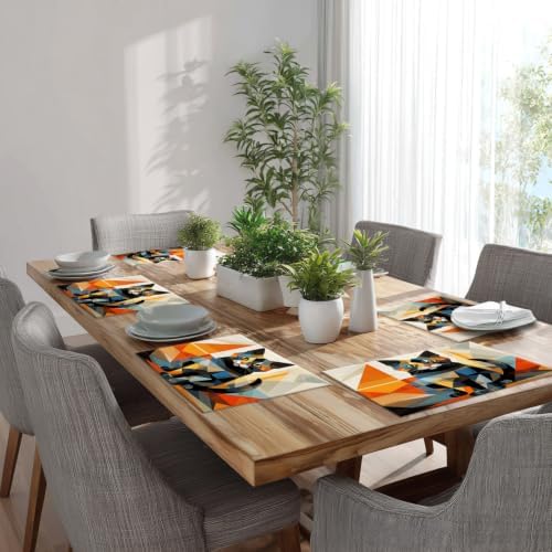 Batmerry Geometric Cat Linen Placemats Set of 6, Colorful Triangular Art Washable Table Mats for Kitchen Table Thickened Heat Insulation Dining Set Indoor Outdoor 12X18 in