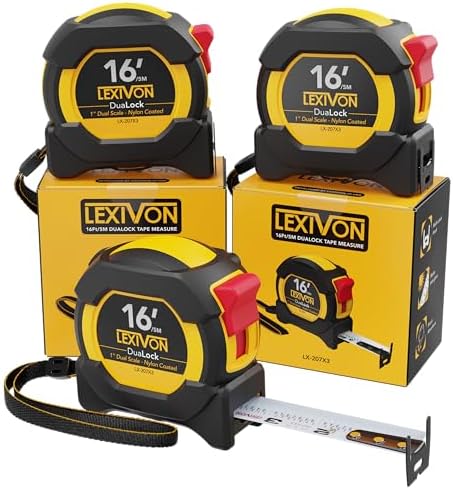 LEXIVON [3-Pack] 16Ft/5m DuaLock Tape Measure | 1-Inch Wide Blade with Nylon Coating, Matte Finish White & Yellow Dual Sided Rule Print | Ft/Inch/Fractions/Metric (LX-207X3)