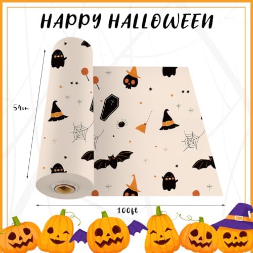 CXPSINC 54 Inch X 100 Feet Plastic Table Cover Roll Disposable Halloween Tablecloth with Slide Cutter Ghost Bat Plistic Table Covers for Halloween Party Decorations(Halloween Beige, 100 Feet)