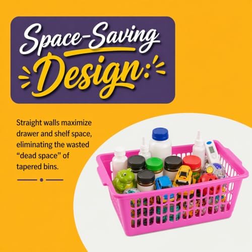YBM HOME Plastic Perforated Storage Basket Bin Office Drawer, Shelf Desktop Countertop Tray Organizer 32-1188 (12, Pink)