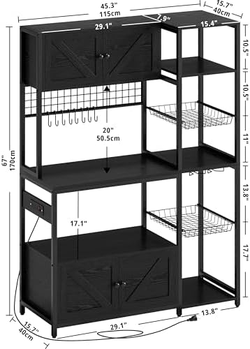 IRONCK Bakers Rack with Cabinet and Power Outlet, Coffee Bar, Vintage Black