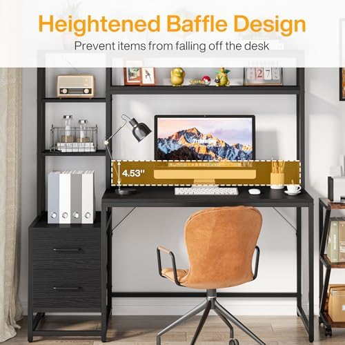 Tribesigns 55 Inch Computer Desk with 2 Drawers and Storage Shelves, Rustic Office Desk with Hutch, Study Writing Gaming Table Laptop Workstation for Home Office (Black)