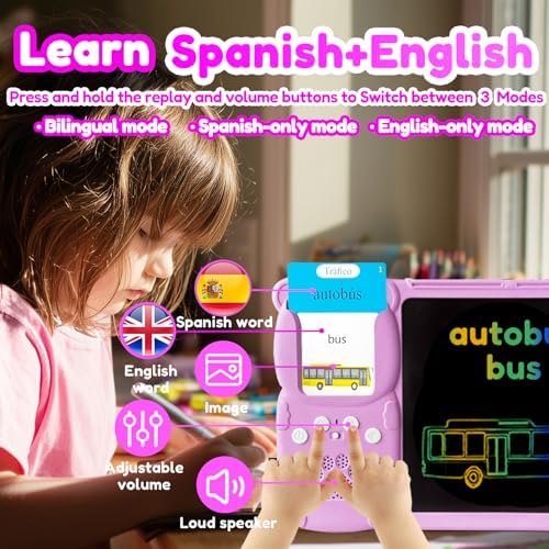 Writing Tablet with Bilingual Flash Cards for Kids, Spanish Pink