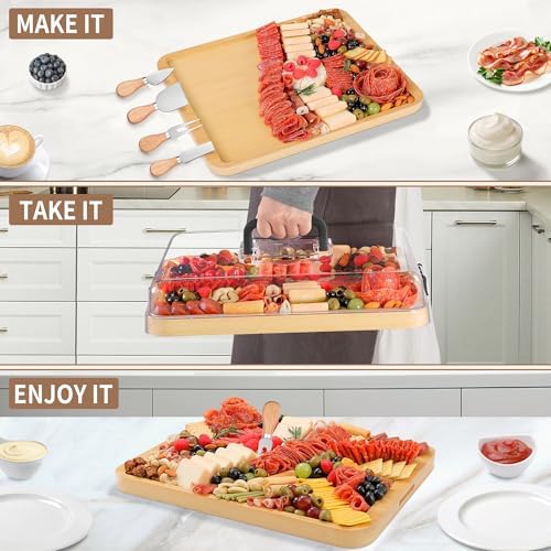 CAWIU Large Charcuterie Board with Lid, Portable Cheese Board & Snack Tray