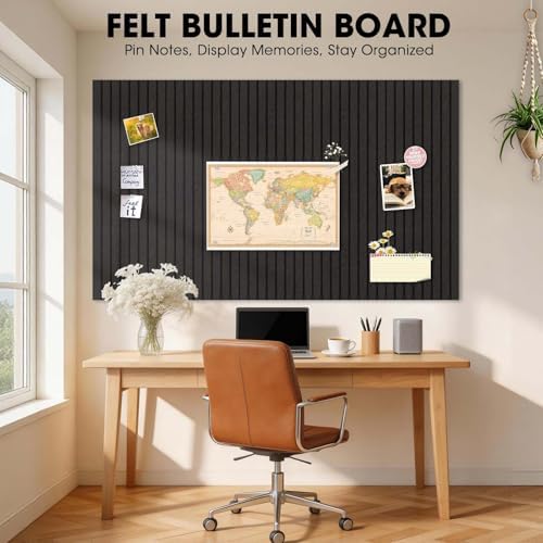 Large Cork Board for Walls 59" x 36",15 Pack 12"X12"Felt Bulletin Board Tiles with 120 Adhesive Tabs,Cork Board Alternative for Office Decor, Push Pin Board Wall Organizer- Black
