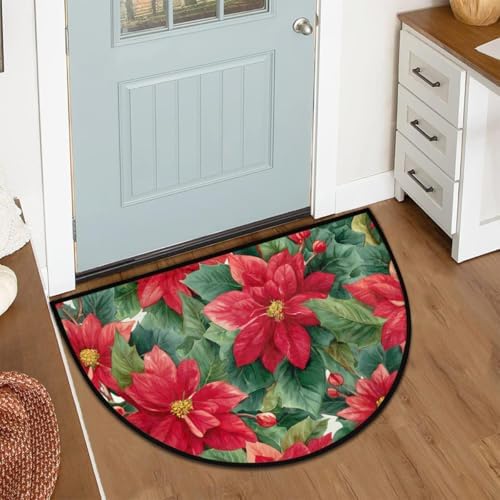 Pardick Christmas Poinsettia Half Round Door Mat, Non-Slip Welcome Indoor Entrance Way Rug Semi Circle Front Doormats Washable Bathroom Kitchen Floor Mat, Outdoor Rugs for Garage, Patio, Hearth Rug