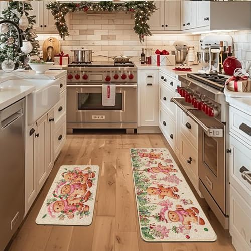 Baccessor Christmas Gingerbread Kitchen Rugs Set of 2, Pink Merry Christmas Xmas Winter Kitchen Mats Washable Non Slip for Floor Hallway Laundry Sink Holiday Home Decor 17x29 and 17x47 Inch