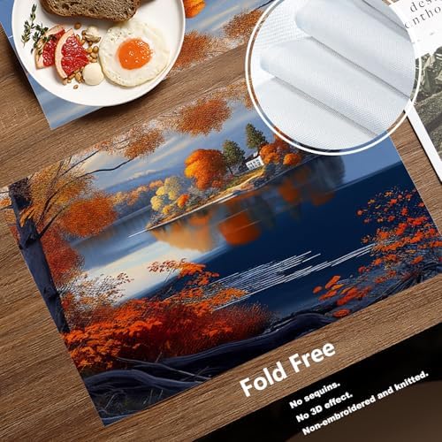 Batmerry Autumn Maple Forest Linen Placemats Set of 4, Lakes Islands Houses Paintings Landscapes Washable Table Mats for Kitchen Table Thickened Heat Insulation Dining Set Indoor Outdoor 12X18 in