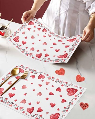 Valentine's Day Placemats Set of 4, Red Love Heart Place Mats Washable Dining Table Mats Wedding Anniversary Party Valentines Decor for Kitchen&Linens Outdoor Indoor, Romantic Pink White
