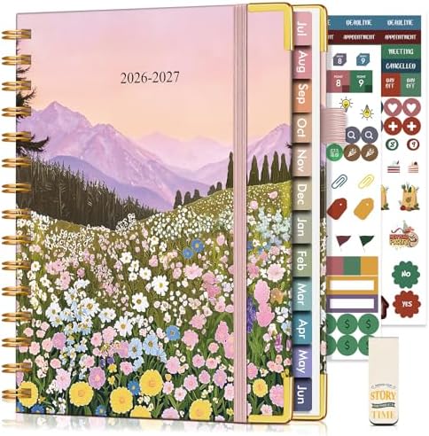Academic Planner 2026-2027, Hardcover Weekly and Monthly Calendar Planner from July 2026 - June 2027, 6.1" x 8.2" A5 Daily Agenda with Tabs, College School Organizer for Student Teacher, Wildflower Mountainside