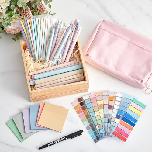 135 Pcs Book Annotation Kit Aesthetic Pencil Case Bag 12 Highlighter 11 Gel Pen 1 Marker 300 Sheet Transparent Sticky Notes Pad 2640 Index Stickers Bible Study Supplies (Kawaii,Pink)