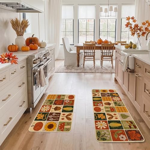 Baccessor Fall Kitchen Rugs Set of 2, Pumpkin Harvest Patchwork Kitchen Mats for Floor Washable Low-Profile Farmhouse Autumn Holiday Home Indoor Outdoor Decor 17x29 and 17x47 Inch