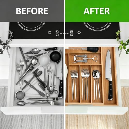 Extra Large Expandable Bamboo Silverware Drawer Organizer