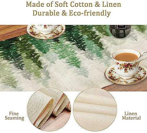 Forest Pine Trees Table Runner, Woodland Tabletop Scarf Home Kitchen Holiday Decor, Seasonal Farmhouse Rustic Dining Decorations Party Supply 13 X 120 Inch