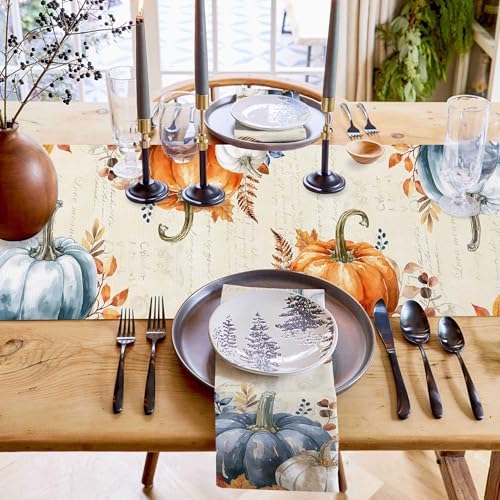 Fall Pumpkin Table Runner Dresser Scarf 16 x 72 Inch Blue Orange Maple Leaf Rustic Table Runners Non-Slip Heat Resistant Kitchen Dining Table Decor for Autumn Thanksgiving Holidays Indoor Outdoor