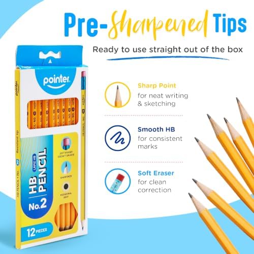 Pointer No. 2 HB Pencils Presharpened HB Wood-Cased Soft Erasers 144 Pack