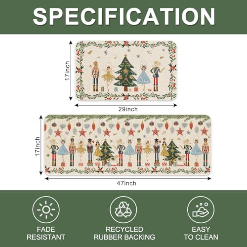 JarThenaAMCS Christmas Nutcracker Kitchen Mat Set of 2 Watercolor Nutcracker Kitchen Floor Mats Xmas Cartoon Non-Slip Door Rugs for Party Home Entrance, 17 x 29 Inch & 17 x 47 Inch
