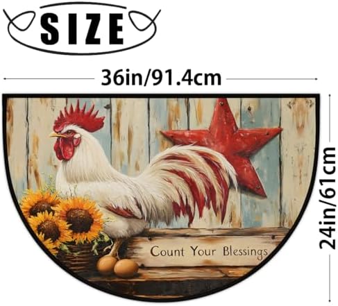 Rooster Sunflower Wood Half Round Door Mat Non Slip Washable Semi Circle Area Rug Absorbent Soft Half Moon Rug Floor Mat for Indoor Outdoor Kitchen Bathroom Patio Front Door Mat Decor