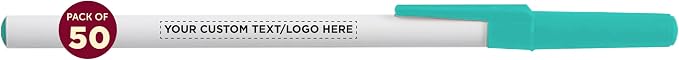 DISCOUNT PROMOS Custom Value Stick Pens Set of 50, Personalized Bulk Pack - Black Ink, Great for Office, School, Business, Tradeshows, Events - Teal