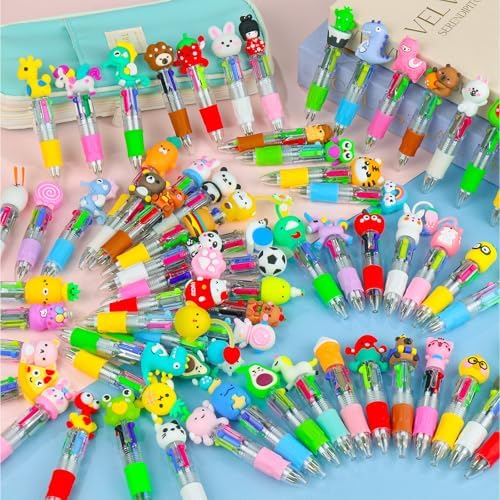 104 Pcs Mini Multicolor Pens in One 4-in-1, Cute Kawaii Ballpoint Pens Bulk with 52 Different Designs, Classroom Rewards, Student Gifts, Party Favors, Back to School Supplies for Kids