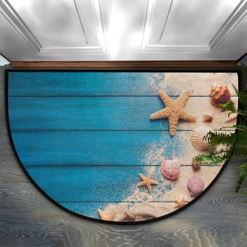 Blue Wood Beach Starfish Half Round Door Mat Non Slip Washable Semi Circle Area Rug Absorbent Soft Half Moon Rug Floor Mat for Indoor Outdoor Kitchen Bathroom Patio Front Door Mat Decor