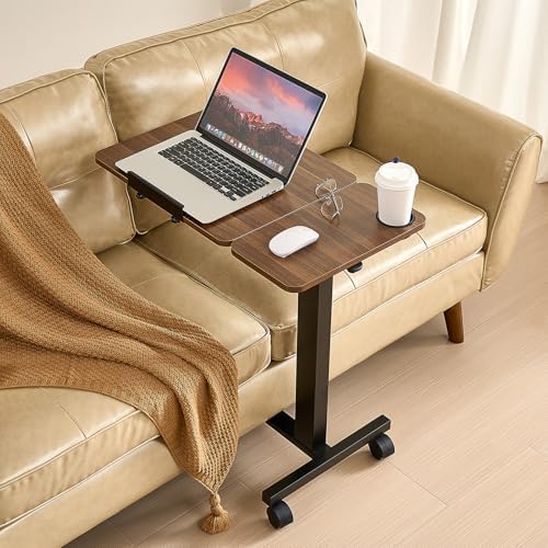VEVOR Overbed Table, Mobile Hospital Bed Table, Over Bed Table with Wheels Adjustable Height, Rolling Laptop Desk with Tilting Top & Cup Holder, Portable Over Bed Desk for Home, Office, Study, Wood