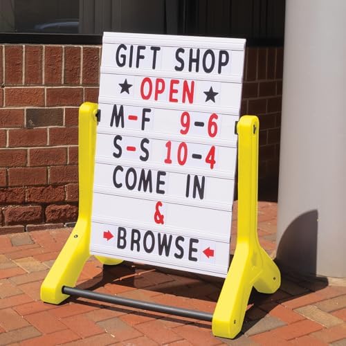 Swinging Changeable Message Sidewalk Sign 24″ x 36″ – Outdoor Advertising Sign Board with 792 Pre-Cut Double-Sided Letters & Storage Box – Heavy-Duty, Rust-Resistant Sidewalk Display for Businesses & Events (Yellow Legs)