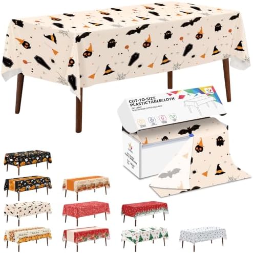 CXPSINC 54 Inch X 300 Feet Plastic Table Cover Roll Disposable Halloween Tablecloth with Slide Cutter Ghost Bat Plistic Table Covers for Halloween Party Decorations(Halloween Beige, 300 Feet)