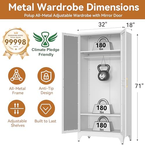 Polup Metal Armoire Wardrobe Closet with Mirror, 71" Tall White Cabinet