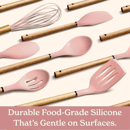 Country Kitchen Non Stick Silicone Utensil Set with Rounded Wood Handles for Cooking and Baking, 8 Piece Set, Pink