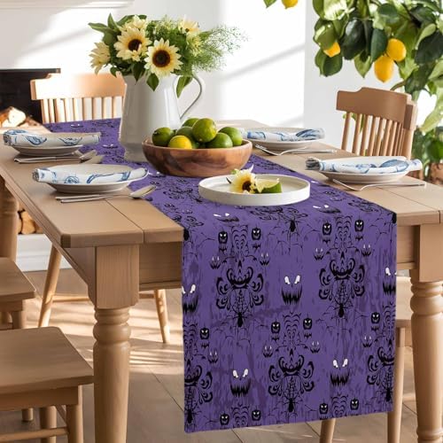 Halloween Haunted Table Runner Dresser Scarf 13 x 36 Inch Purple Black Ghost House Mansion Table Runners Non-Slip Heat Resistant Kitchen Dining Table Decor for Halloween Holidays Indoor Outdoor