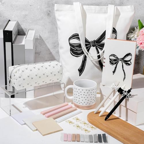 Reallnaive 25 Pcs Black Bow Stationery Gift Set for Women, Coquette School Supplies Box with Mug A6 Notebook Tote Bag Pens Highlighters Pencil Pouch, Cute Desk Accessories for Back to School, Birthday