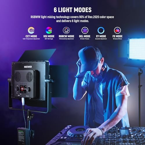 NEEWER 2 Pack PL60C RGB LED Panel Video Light Kit with 6.6ft/2m Spring Cushioned Tripod Stands/Bag, APP/2.4G/DMX Control, 60W 2500-10000K Pro Photography Studio Recording Streaming Key Lighting