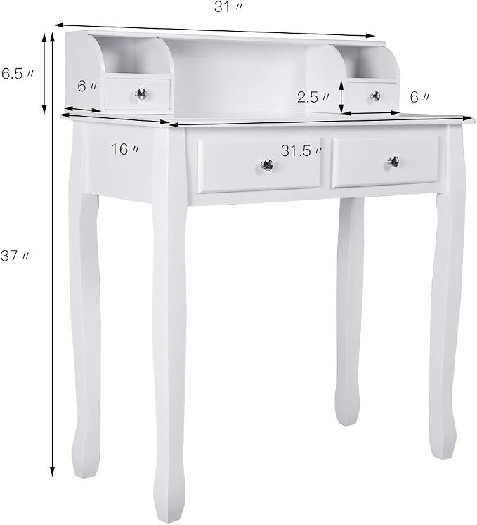 GOFLAME Writing Desk, Large Storage Space with 4 Drawers, Secretary Table Computer Desk Writing Table with Detachable Tabletop Organizer, Suit for Home and Office Use (White)