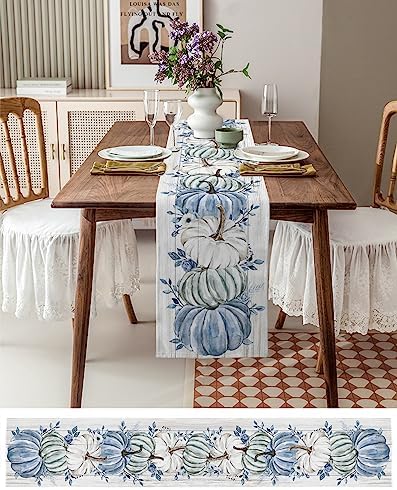 Fall Table Runner Blue Pumpkin Table Runners Harvest Thanksgiving White Blue Pumpkins Wooden Cotton Linen Dresser Scarf Kitchen Dining Table Decor for Autumn Holiday Party Coffee 13x70 Inch