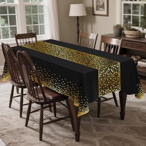 CXPSINC 54 Inch X 100 Feet Plastic Table Cover Roll Disposable Tablecloth with Slide Cutter for All Type/Shape Tables | Party, Banquet, Birthdays, Weddings(Black Golden Dot, 100 Feet)