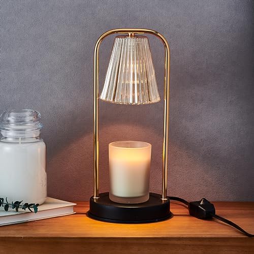 Mikasa 13.8 Inch Electric Candle Warmer Lamp with Amber Glass Shade and Wooden Base - Flameless Candle Melter with Dimmer Control for Home Decor and Fragrance, 50W Halogen Bulb Included