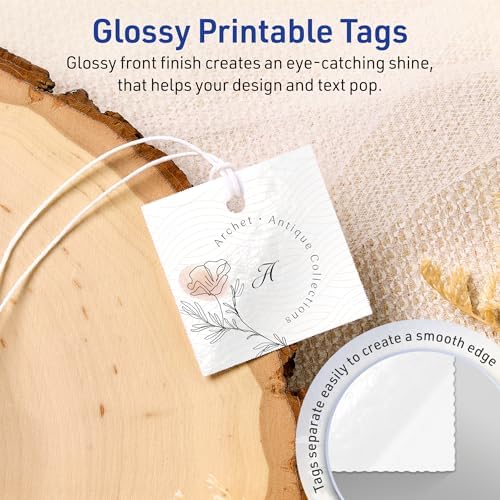 Avery® Printable Square Tags, Sure Feed® Technology, 1-1/2" x 1-1/2", Glossy White Cardstock, Print-to-The-Edge, Laser/Inkjet Printable, 500 Total, Great for Custom Gift or Branding Tags