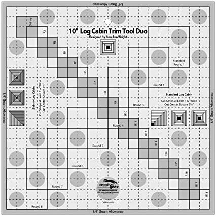 Creative Grids 10in Log Cabin Trim Tool Quilt Ruler – CGRJAW10 – Made in USA, 10-1/2in x 10-1/2in, Non-Slip Grip Acrylic Quilting, Sewing, Crafting, Patchwork Ruler & Template