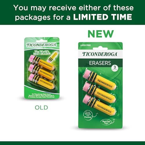 Ticonderoga Pencil Shaped Erasers, Yellow, 3 Count